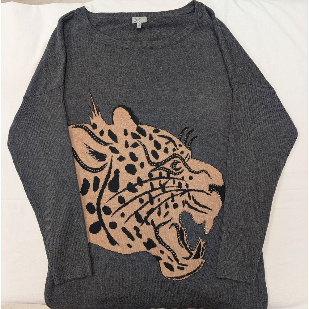 OST Women's Small Leopard Tiger Rhinestone Embellished Gray Sweater Wool Blend